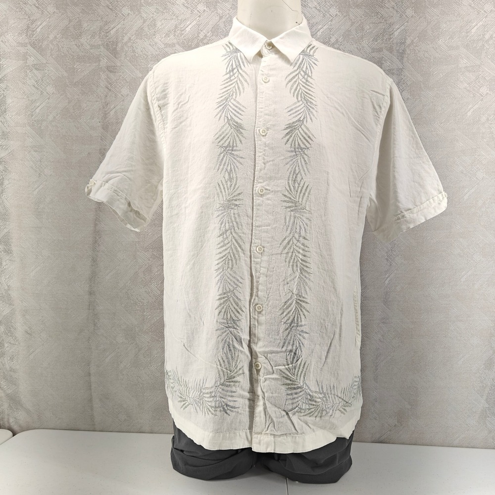 Cafe Luna Linen Blend Shirt Mens XL White Tropical Beach Palm Leaves Print